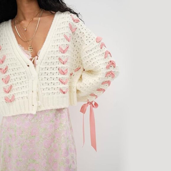 Ribbon Lace Up Bow Dec Knit Sweater - Picture 1 of 6